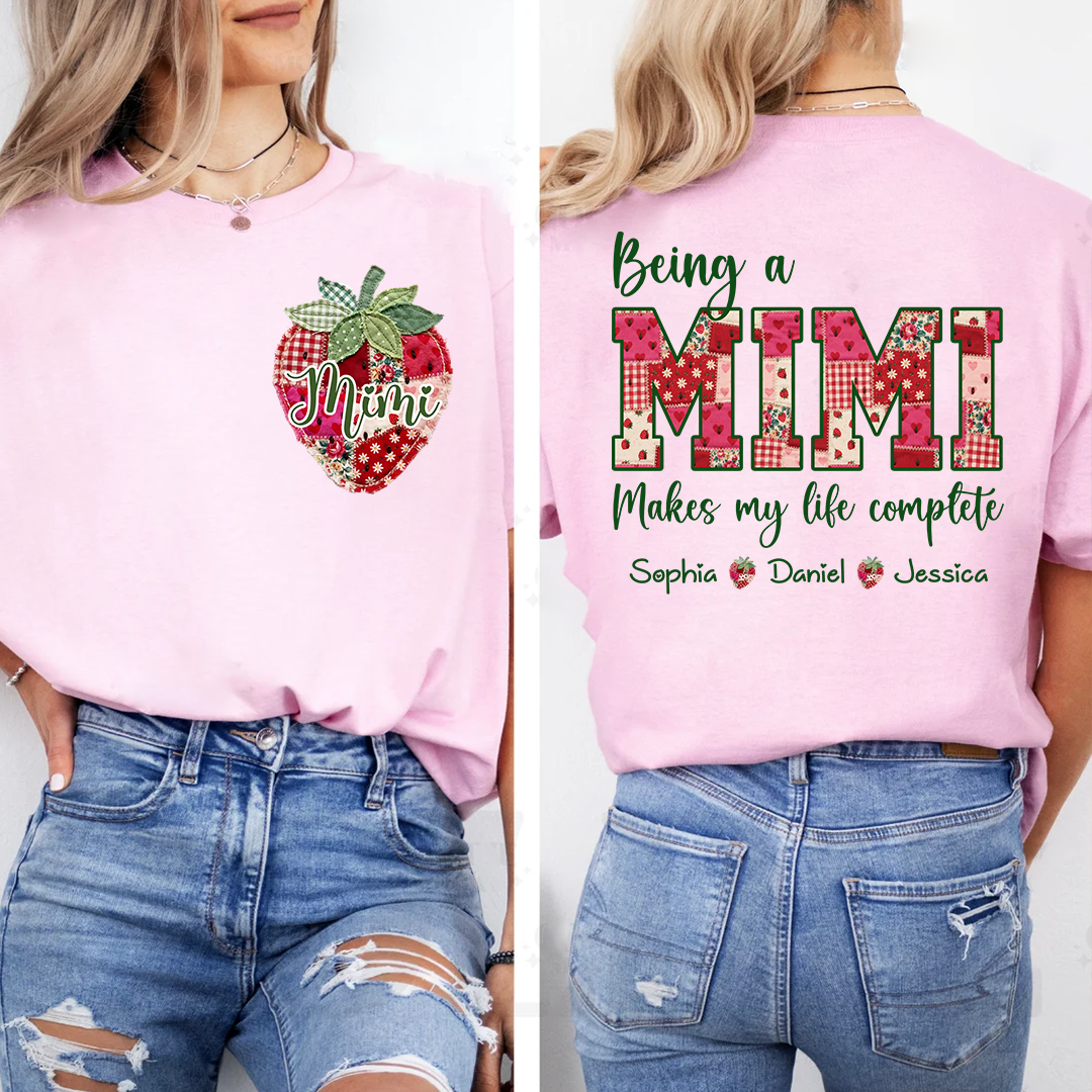 Custom Mimi Shirt with Grandkids Names, Personalized Strawberry Patchwork Tee for Grandma Nana Gigi, Cute Family Gift