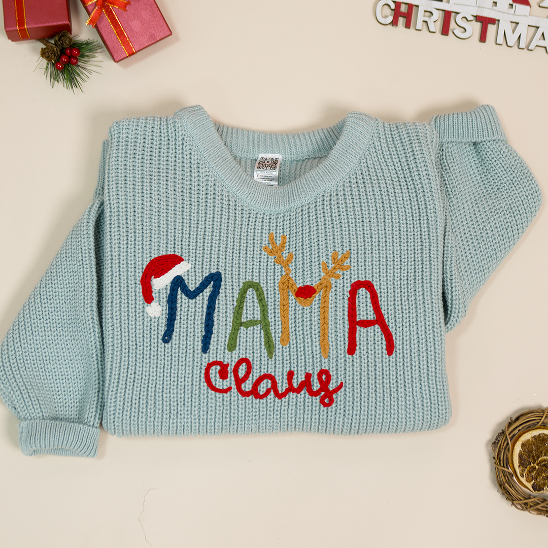 Custom Hand-Embroidered Christmas Knitted Sweater – Personalized Mama Claus Sweater with Festive Design