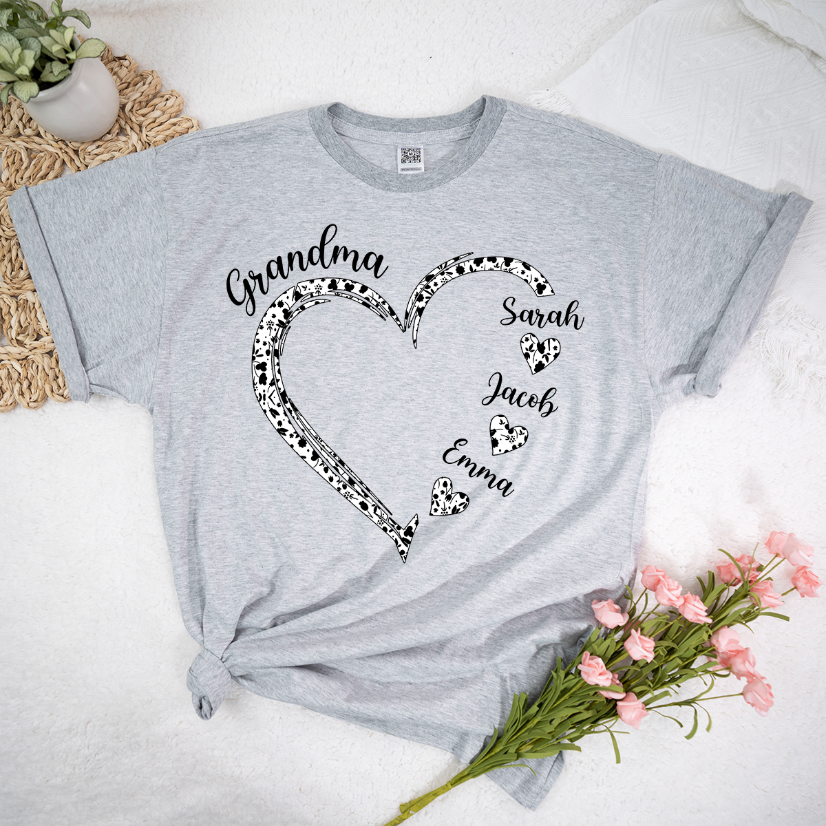 Personalized Grandma Shirt with Grandkids Names, Custom Heart Grandma T Shirt Gift