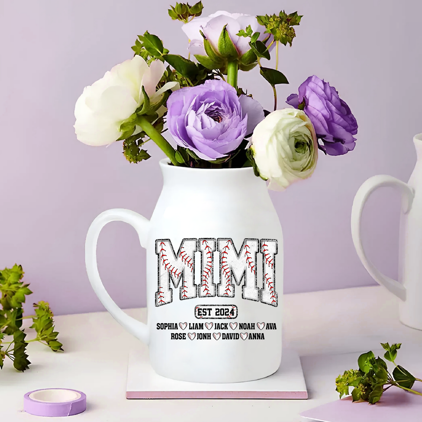 Baseball Grandma And Kids - Custom Home Decoration Flower Vase According To Family Requirements - Warm Gift For Mother's Day, Ceramic Flower Vase