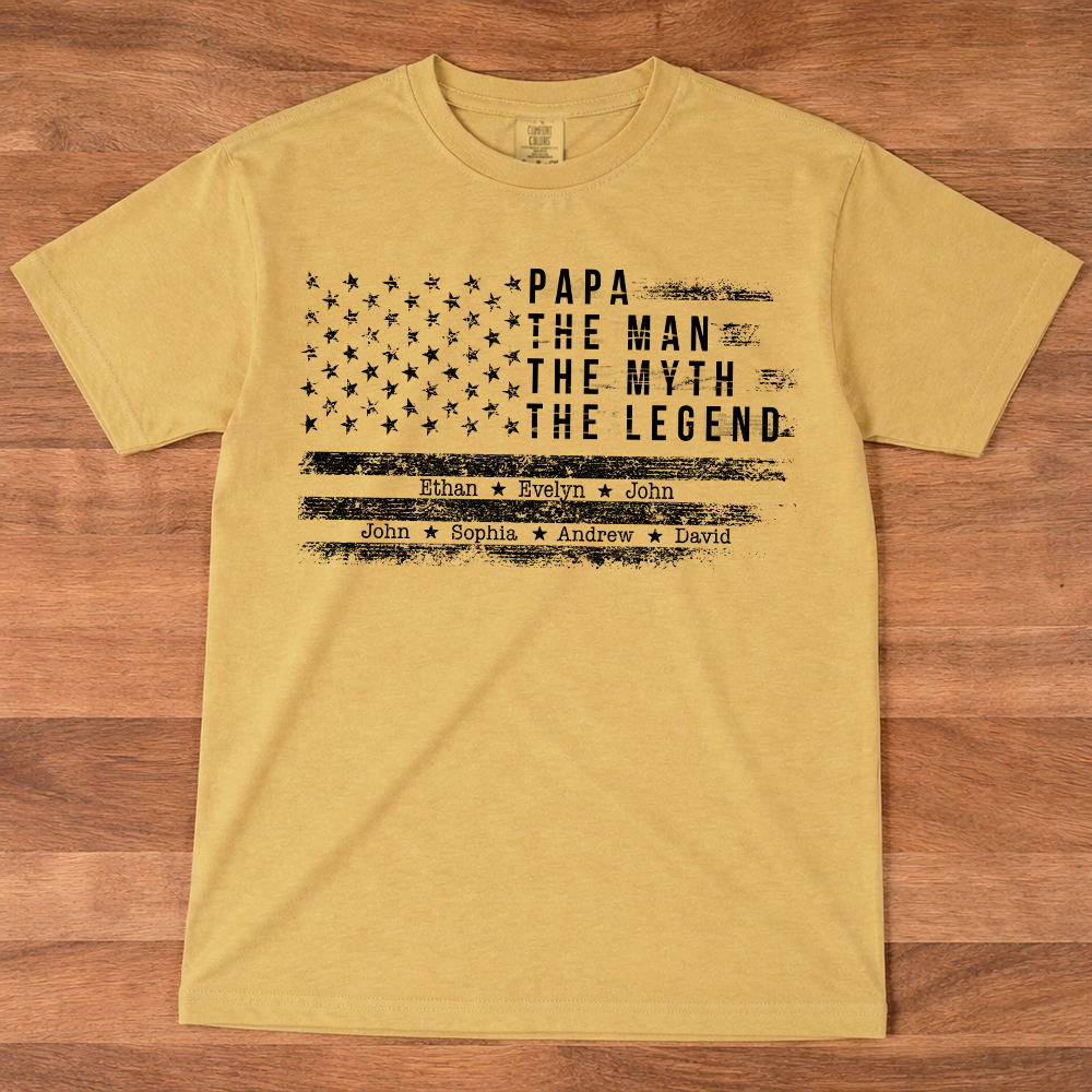 Comfort Colors Personalized Papa The Man The Myth The Legend Shirt – Custom Dad Gift with Kids Names and American Flag Design