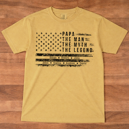 Comfort Colors Personalized Papa The Man The Myth The Legend Shirt – Custom Dad Gift with Kids Names and American Flag Design