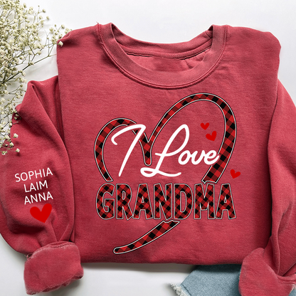 Custom Grandma Sweatshirt with Grandchildren Names, I Love Grandma Plaid Heart Crewneck