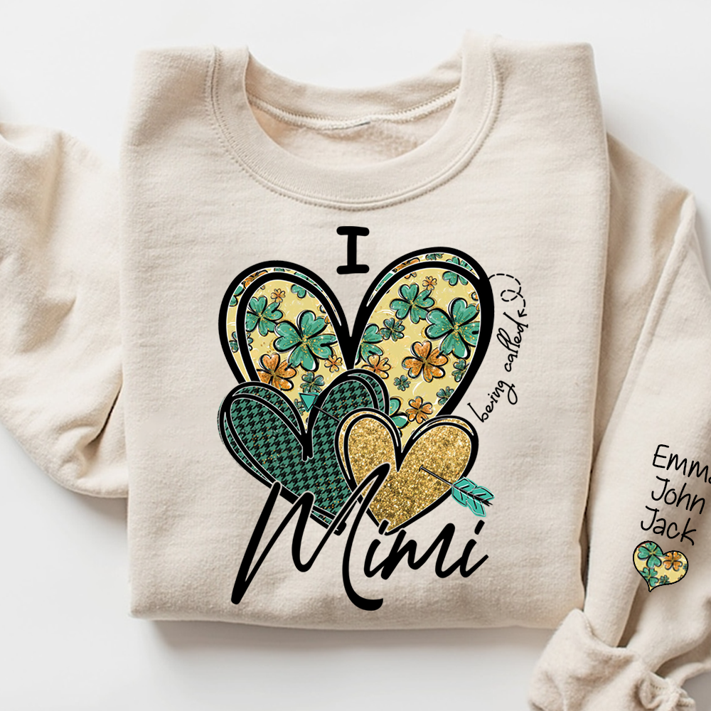 I Love to Be Called Mimi Heart Design Sweatshirt For St. Patrick's Day, Personalized Clover Design Sweatshirt for Grandma with Grandchildren's Names