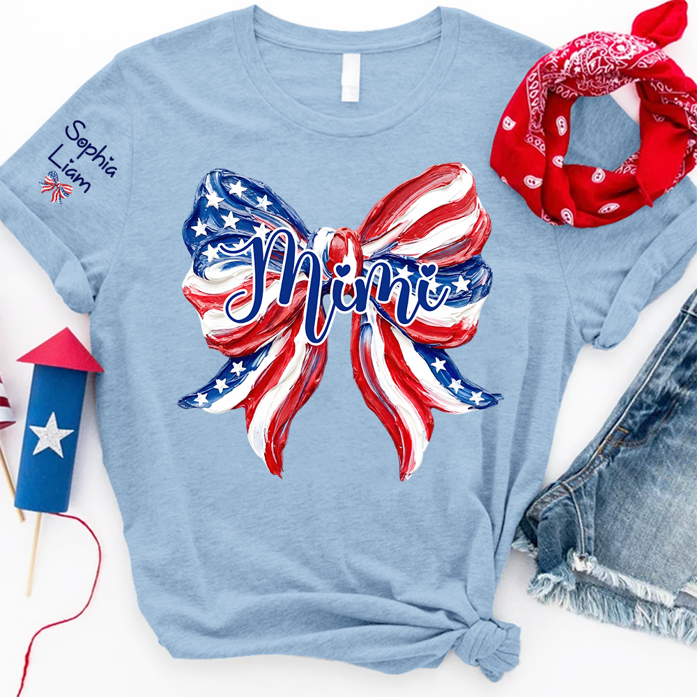 Personalized Mimi Patriotic Bow Shirt, Custom Grandma Tee with Kids Names, Fourth of July Gift for Nana Gigi Women