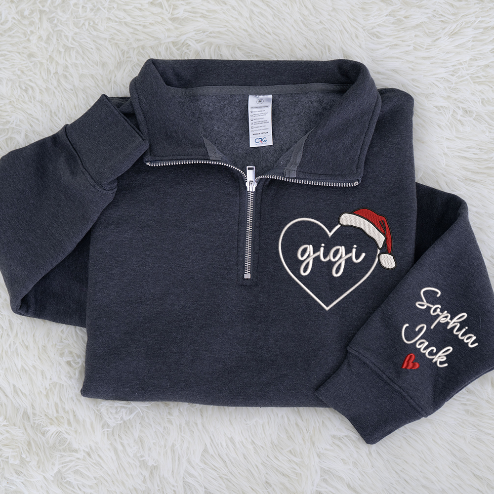 Custom Gigi Heart Zip Sweatshirt With Santa Hat – Personalized Christmas Gift For Grandma Or Gigi