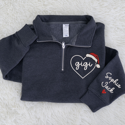 Custom Gigi Heart Zip Sweatshirt With Santa Hat – Personalized Christmas Gift For Grandma Or Gigi