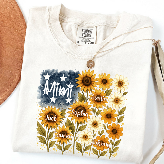 Comfort Colors® Personalized Mimi Sunflower Shirt with Grandkids Names, Floral Grandma Tee, Custom Family Name Shirt for Women, Gift for Mimi