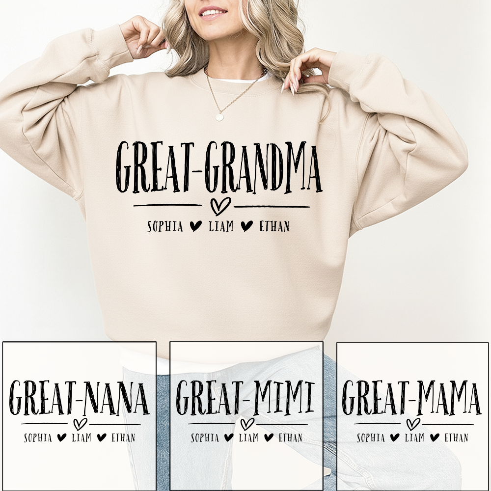 Personalized Great-Grandma Heart Sweatshirt, Customized Gifts for Grandma and Kids
