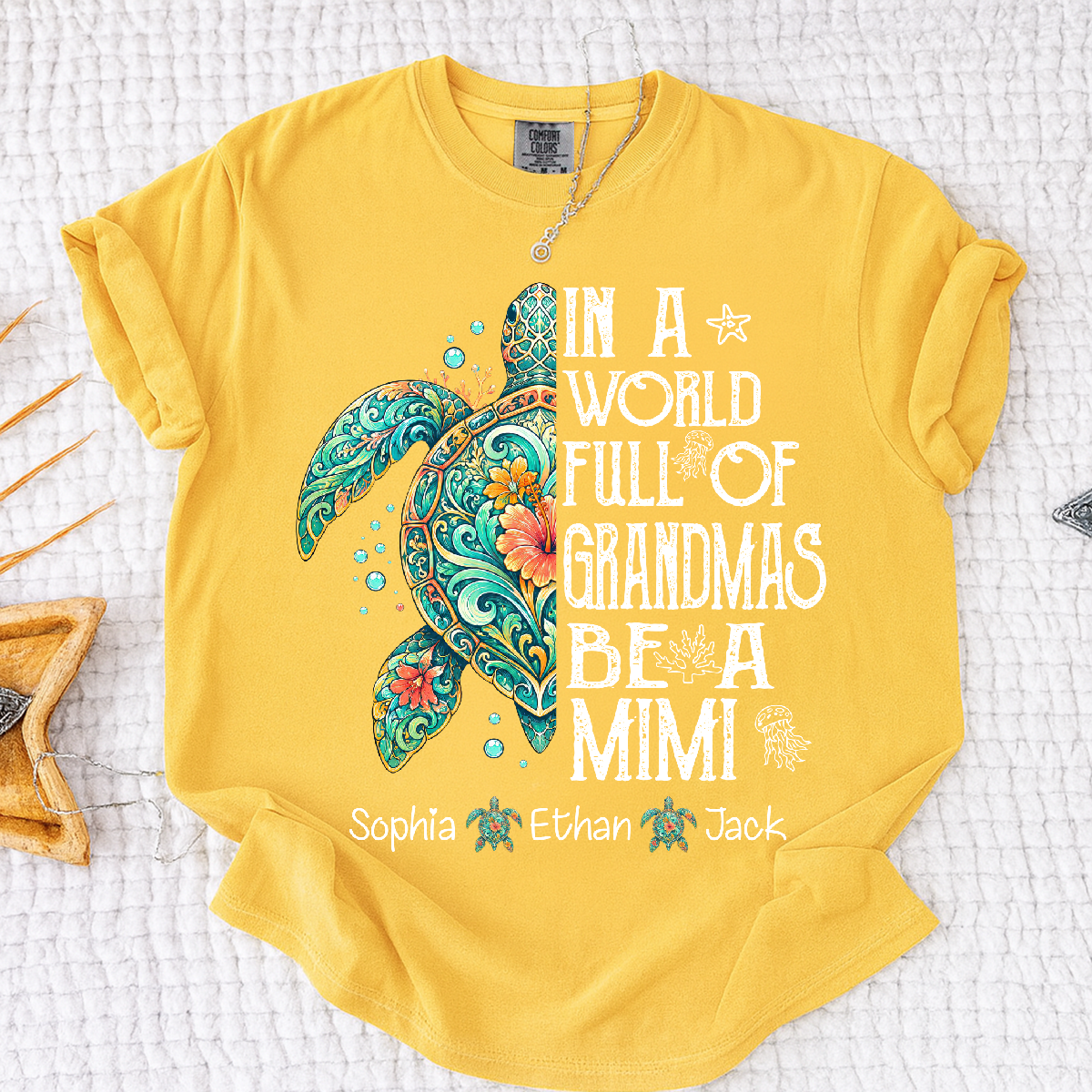Cute Mimi Turtle Shirt for Women, Personalized Family Names T Shirt, Coastal Sea Life Graphic Tee, Gift for Grandma from Kids