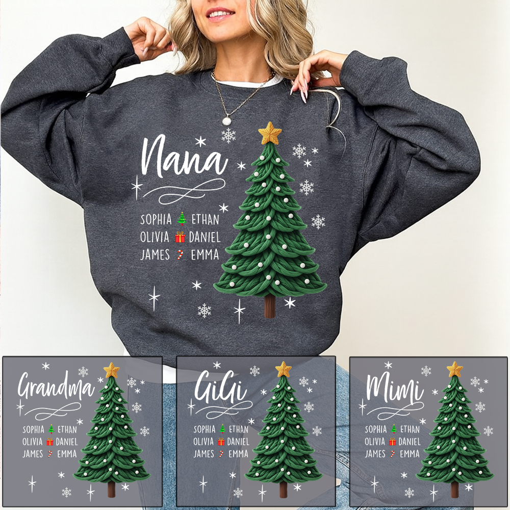 Nana Christmas Sweatshirt with Grandkids’ Names, Cute Tree Holiday Gift