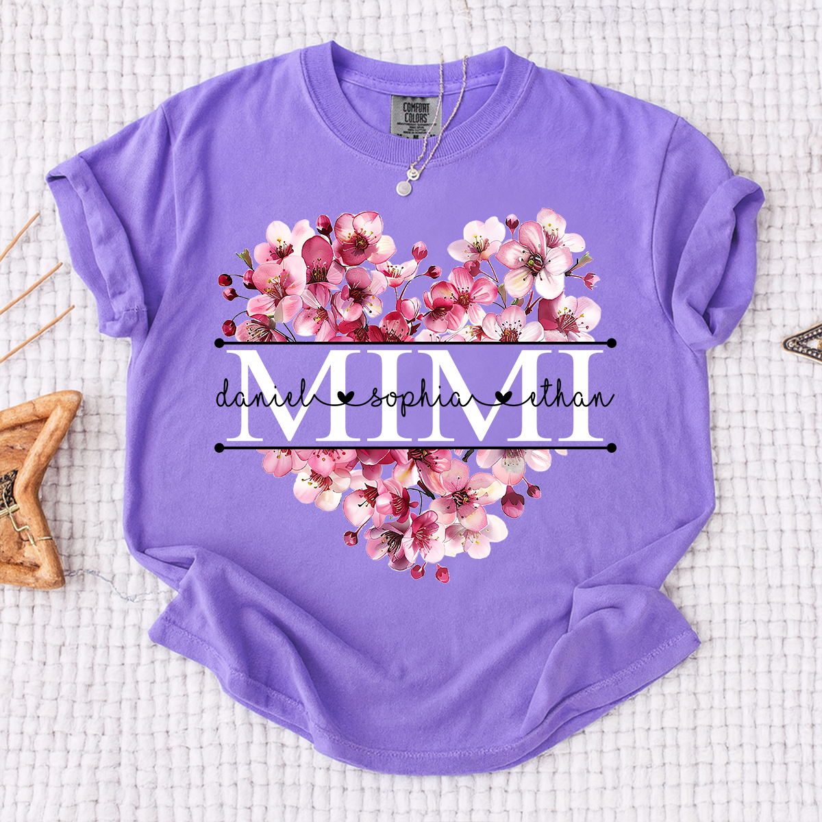 Comfort Mimi Floral Heart Shirt, Custom Family Names Pink Flower Design T Shirt