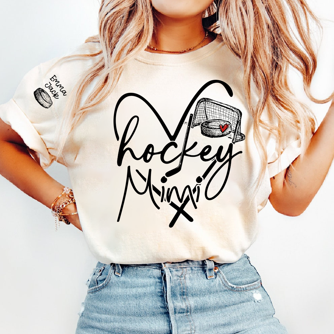 Hockey Heart Mimi Family Shirt, Custom Names and Hockey Puck Design Personalized Tee