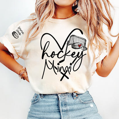 Hockey Heart Mimi Family Shirt, Custom Names and Hockey Puck Design Personalized Tee