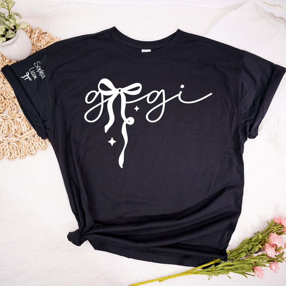 Gigi Script Bow T Shirt, Modern Minimal Grandma Shirt, Personalized Name on Sleeve, Soft Casual Gift for Gigi Grandma