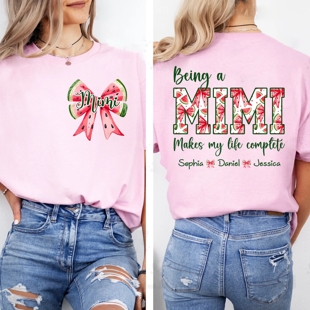 Mimi Custom Family Tee, Cute Watermelon Bow Shirt with Children’s Names, Gift for Mom Nana or Grandma