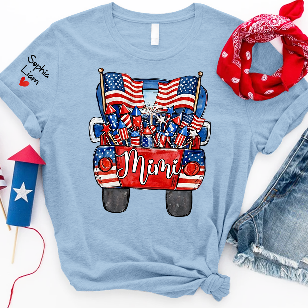 Personalized Mimi Shirt, Patriotic Truck Fireworks Design, Custom Name Sleeve, Fourth of July Shirt, Independence Day Family Outfit