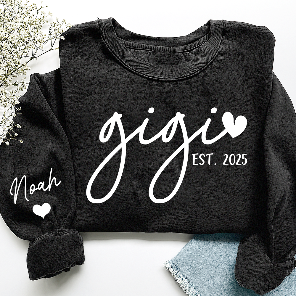 Personalized Gigi Sweatshirt, Custom Printed Name and Grandkids’ Names on Sleeve with Heart