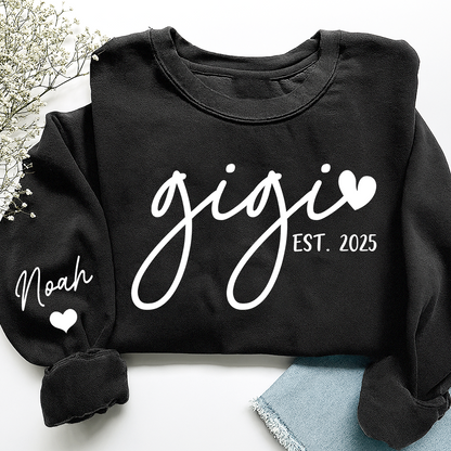 Personalized Gigi Sweatshirt, Custom Printed Name and Grandkids’ Names on Sleeve with Heart