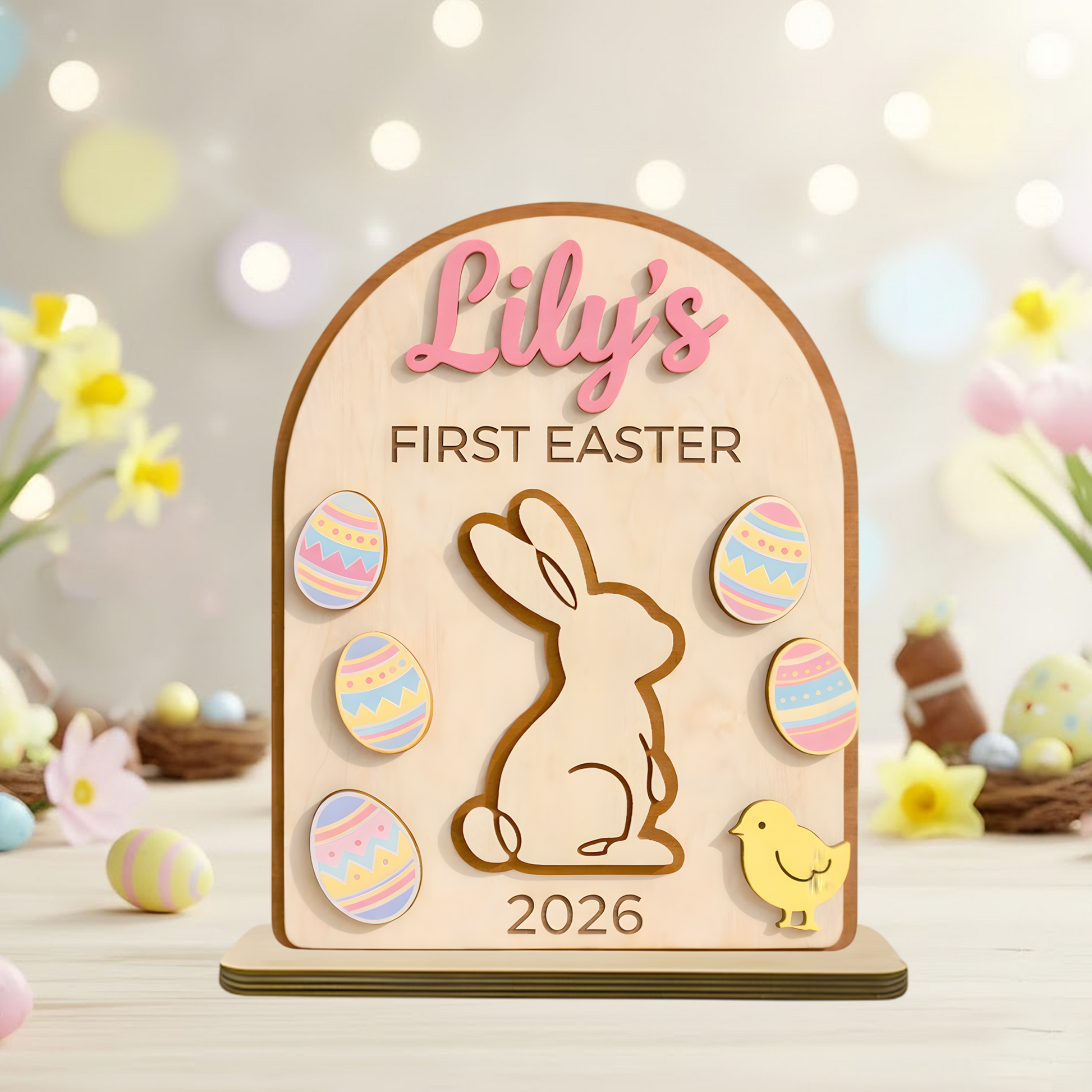 Personalized First Easter Wooden Plaque - Custom Name and Date for Baby Boy or Girl, Cute Bunny and Egg Design