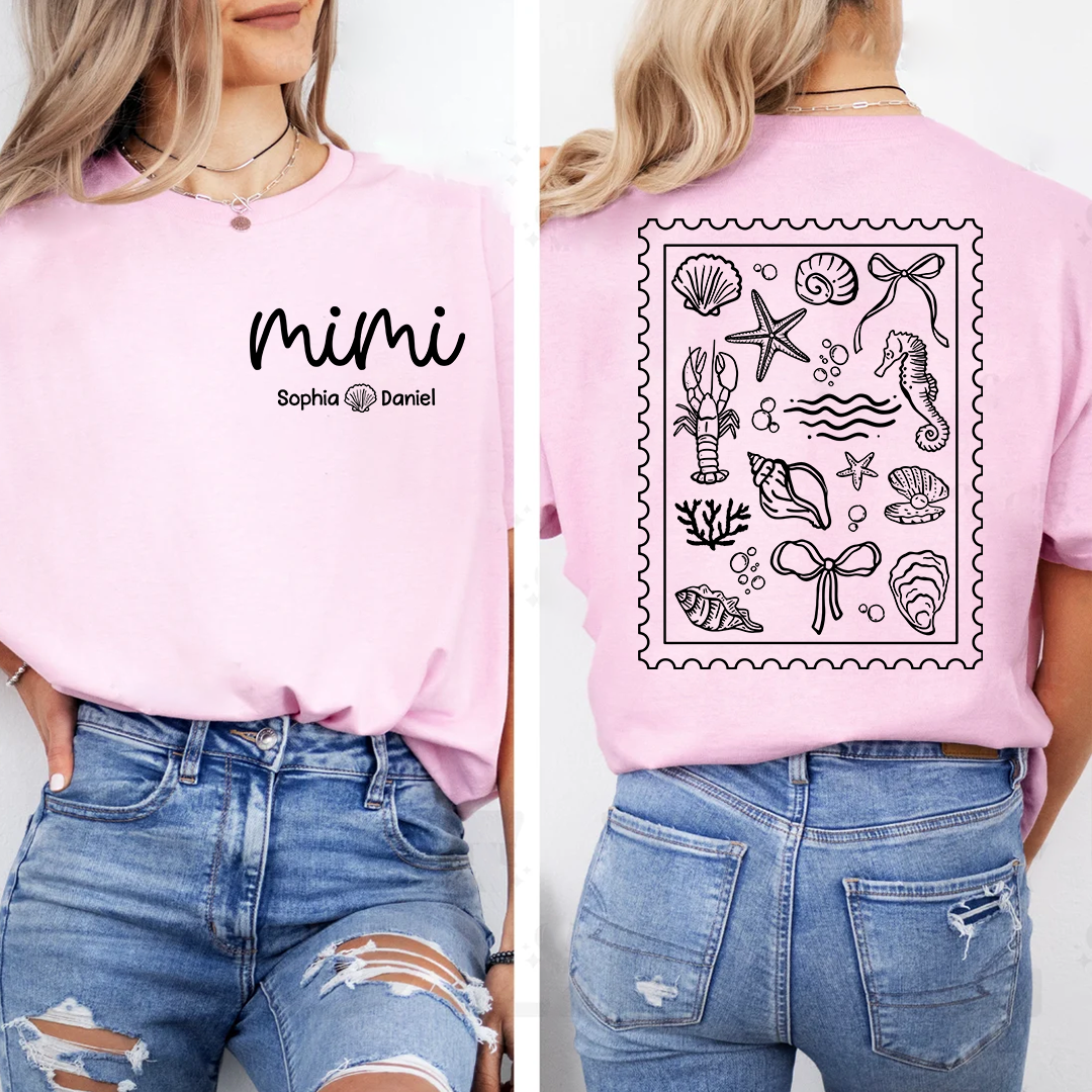 Custom Mimi Shirt with Grandchildren Names, Coastal Seashell Stamp Design Back Print Tee, Beach Lover Gift for Women