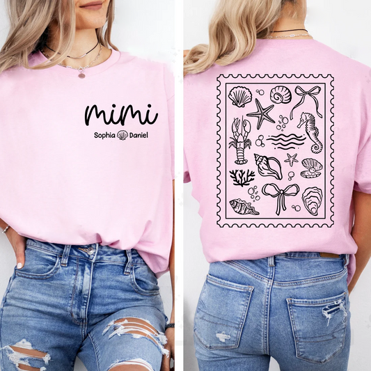 Custom Mimi Shirt with Grandchildren Names, Coastal Seashell Stamp Design Back Print Tee, Beach Lover Gift for Women