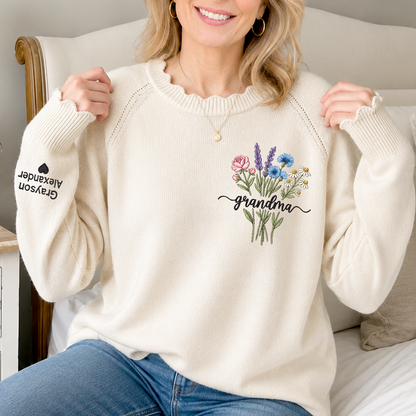 Embroidered Grandma Wildflower Knit Sweater, Personalized Crewneck, Custom Sleeve Name and Heart, Gift for Nana