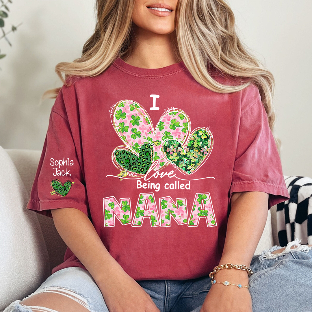 I Love Being Called Nana Shirt, St Patrick’s Day Floral Heart Family T Shirt, Gift For Grandma And Kids