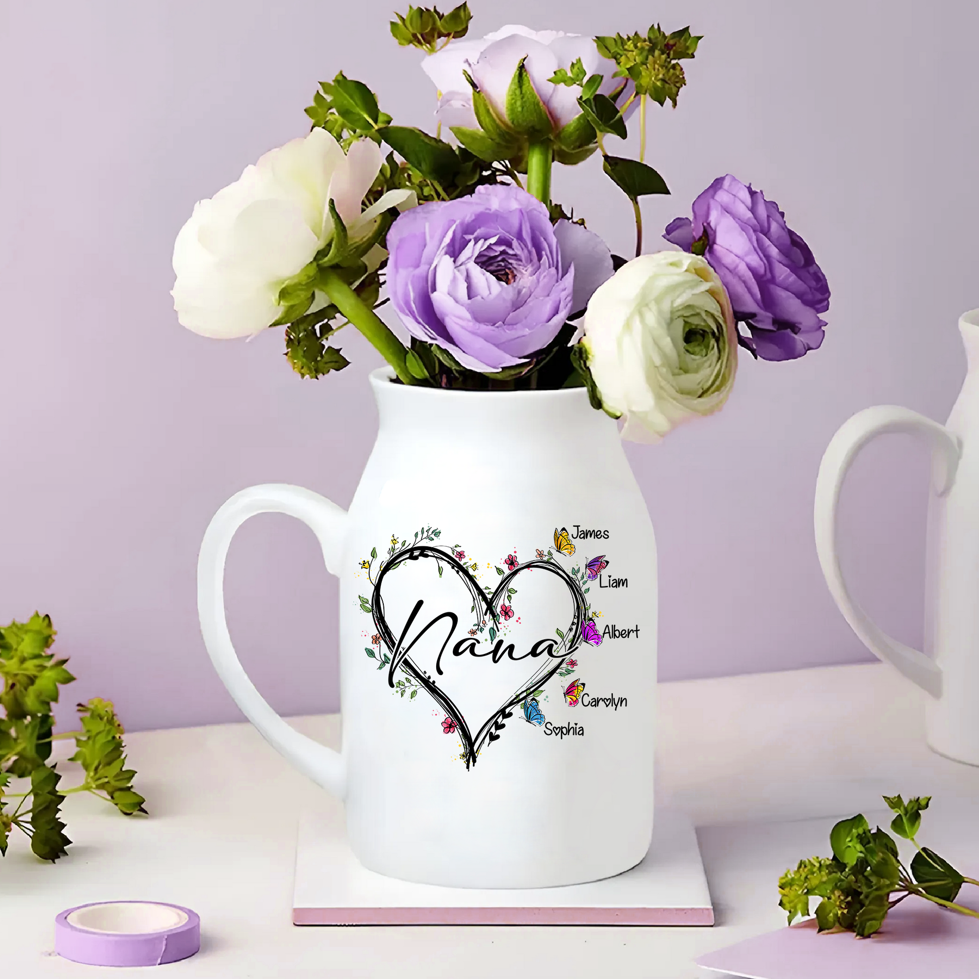 Flowers Heart Grandma And Kids - Custom Home Decoration Flower Vase According To Family Requirements - Warm Gift For Mother's Day, Ceramic Flower Vase