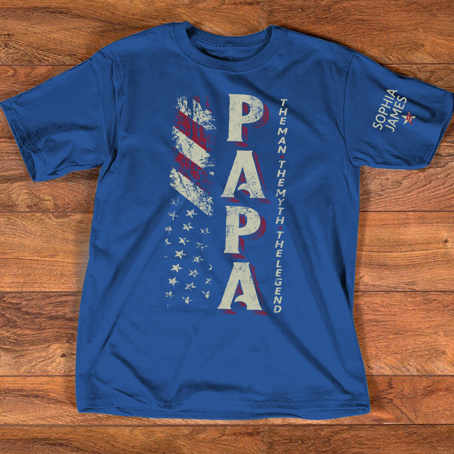 Personalized PAPA The Man, The Myth, The Legend T Shirt, Custom Family Names with American Flag Design, Perfect Gift for Father’s Day