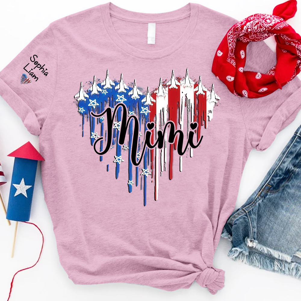 Custom Mimi Shirt with Dripping Flag, Personalized Family Names, American Flag Design, Patriotic Gift for Mimi