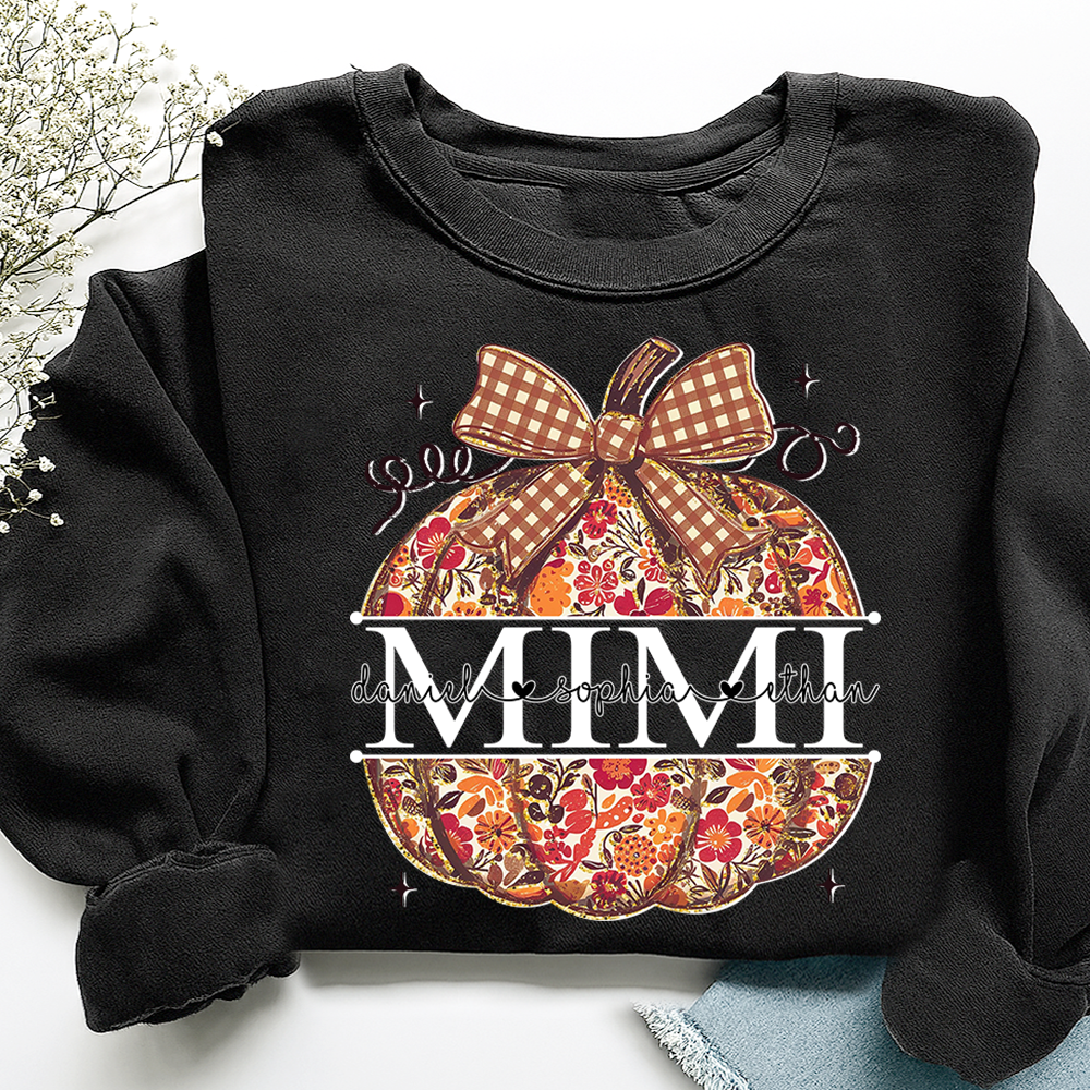 Custom Mimi Autumn T Shirt, Pumpkin Floral Grandma Shirt, Funny Fall Graphic Tee, Personalized Family Names Gift for Mimi