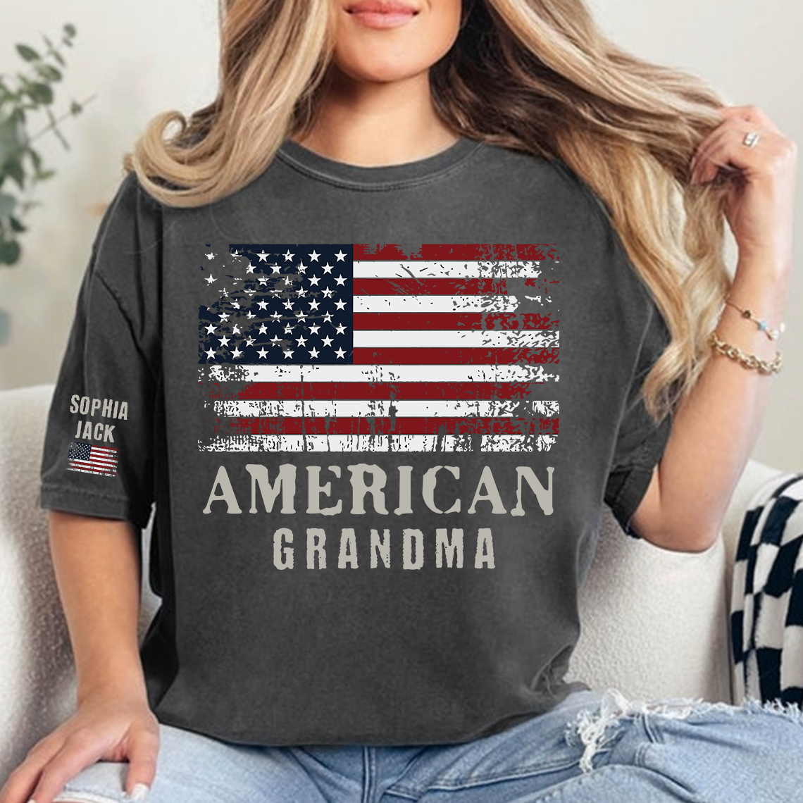Custom American Grandma T-Shirt, Personalized Grandkids Name Sleeve Patriotic Shirt