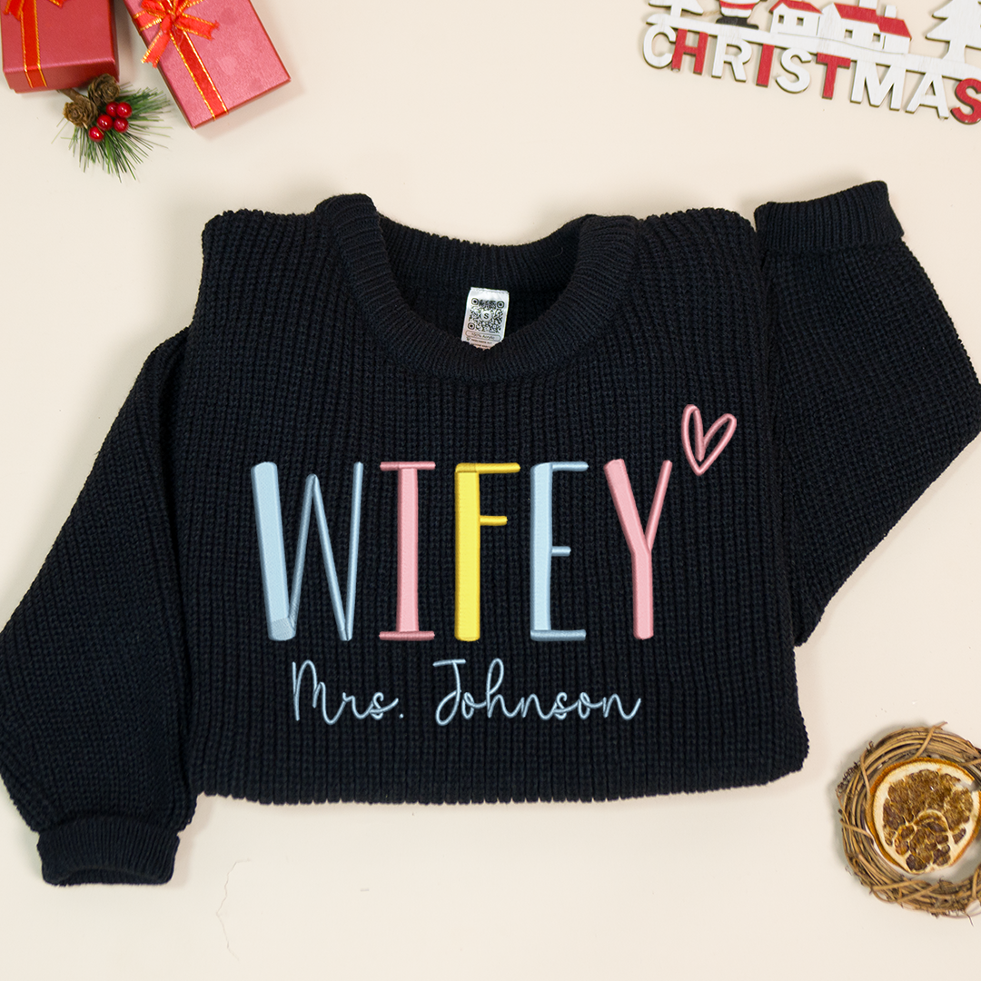 Wifey Embroidered Color Sweater, Christmas Gift Knit Sweater – Personalized Wifey Sweater with Wedding Gift, Gift for Bride
