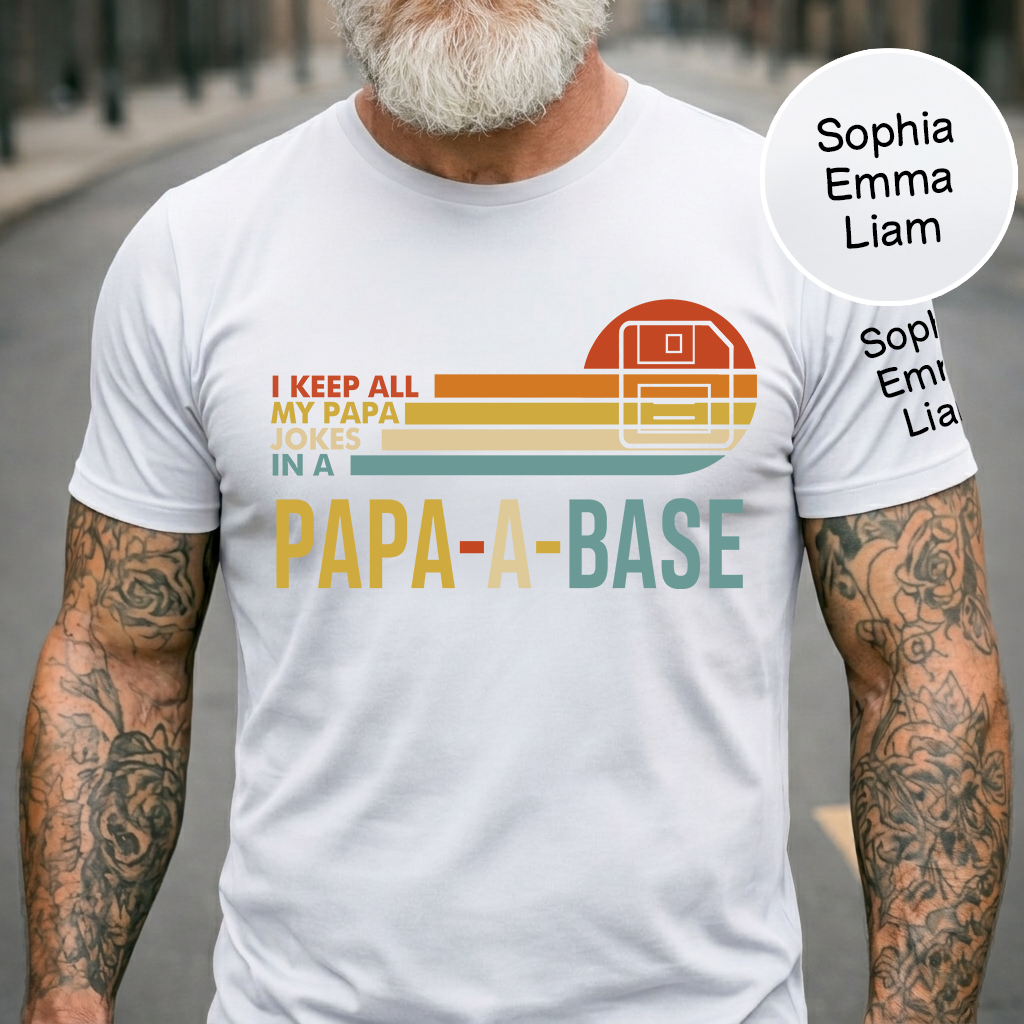 I Keep All My Papa Jokes In A Papa A Base Shirt Personalized Kids Names on Sleeve, Funny Grandpa Family T Shirt for Papa Dad Papaw Poppy, Fathers Day Birthday Gift