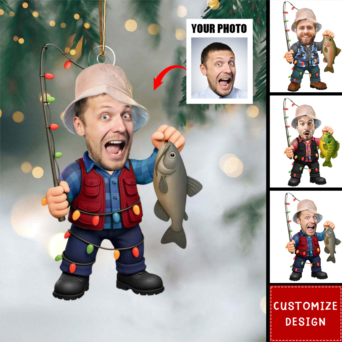 Personalized Fishing Ornament 2025 – Custom Face Photo Fisherman Ornament, Funny Christmas Gift for Fishermen & Outdoor Lovers