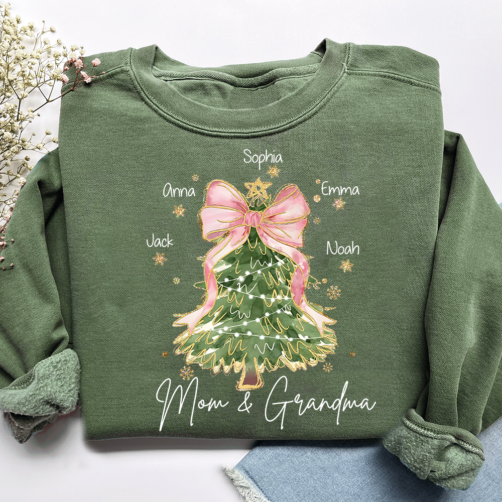 Personalized Mom and Grandma Christmas Sweatshirt, Custom Tree Design with Kids Names