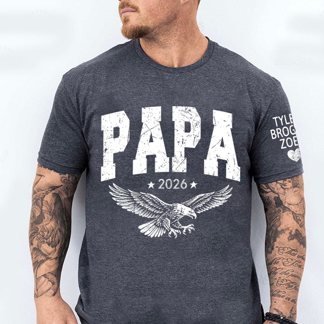 Custom Papa T-Shirt, Personalized Distressed Patriotic Eagle Design Father's Day Tee