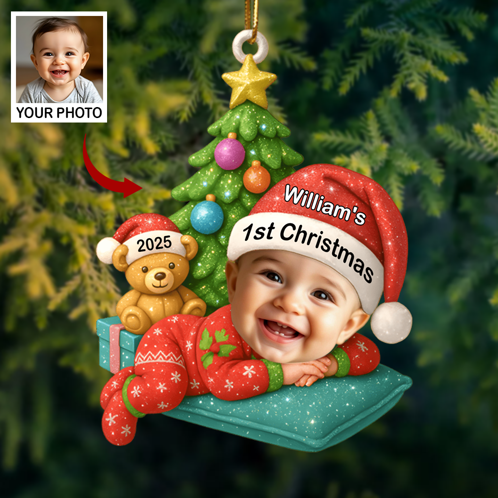 Personalized Baby’s First Christmas Ornament 2025 – Custom Photo Ornament with Name, Cute Baby & Teddy Design Ornament