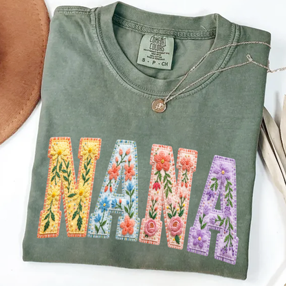 Personalized Nana Shirt Floral Embroidery Design Custom Grandma Mimi Gigi Name Tee with Grandkids Names Vibrant Flower Pattern Family Gift for Women
