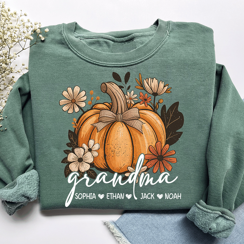 Personalized Grandma Pumpkin Sweatshirt, Custom Fall Shirt with Grandkids Names