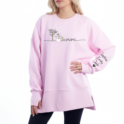 Custom Mimi And Grandkids Name Women Oversized Sweatshirt – Personalized Thumbhole Long Sleeve Pullover, Cozy Fall Side Slit Sweater
