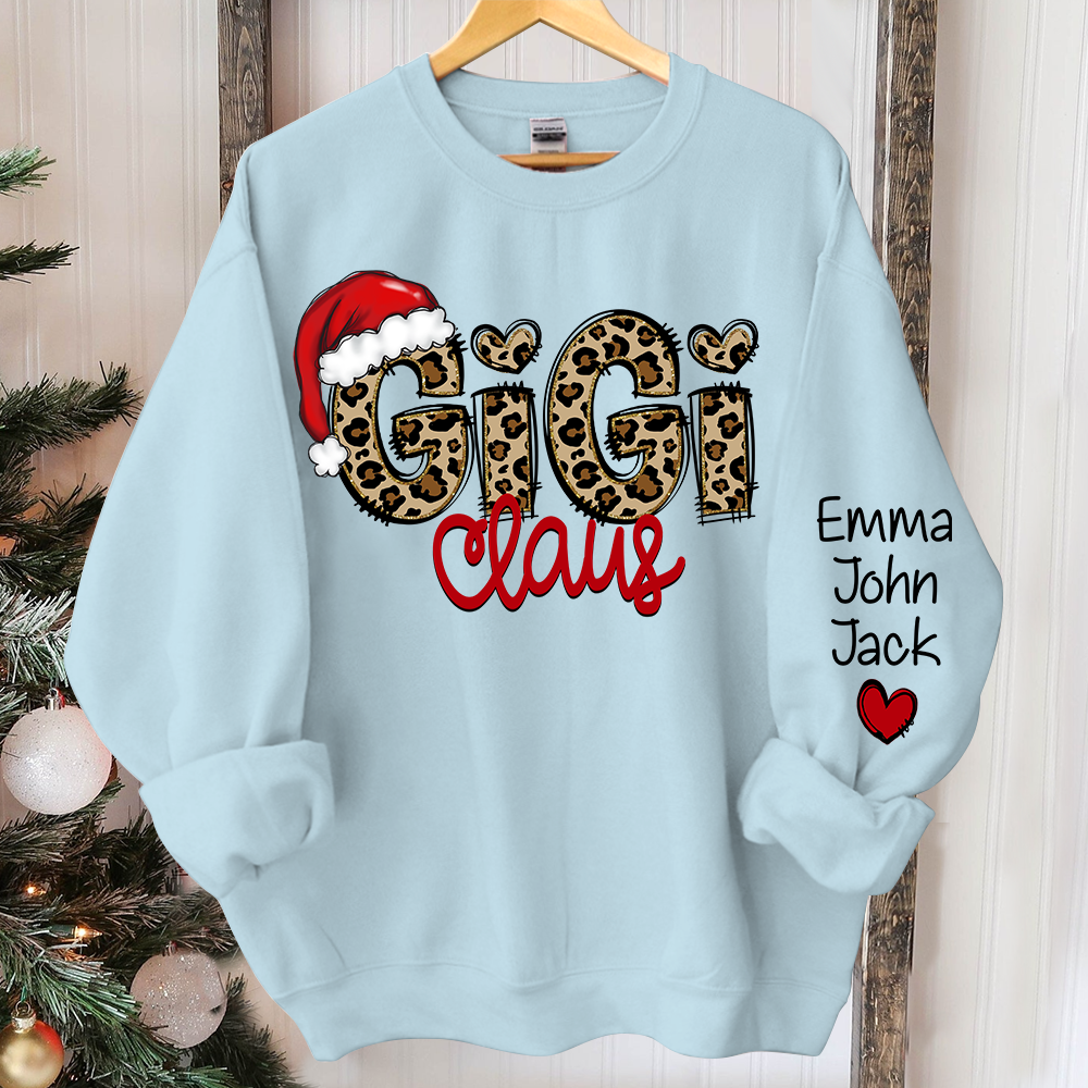 Personalized Gigi Claus Leopard Sweatshirt, Custom Grandma and Grandkids Sweatshirt