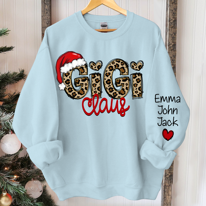 Personalized Gigi Claus Leopard Sweatshirt, Custom Grandma and Grandkids Sweatshirt