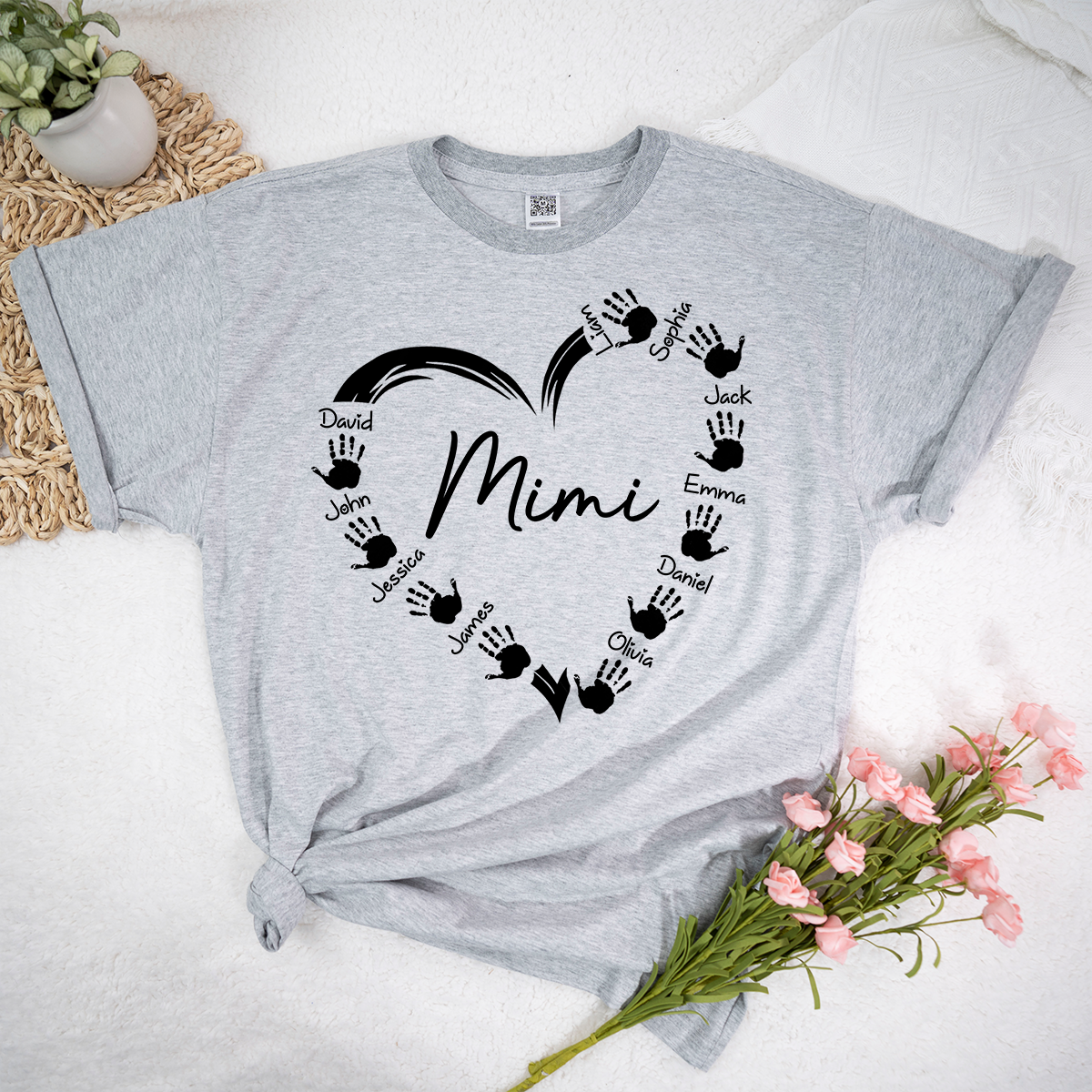 Personalized Mimi Shirt with Grandkids Names, Custom Handprint Heart Mimi T-Shirt for Grandma