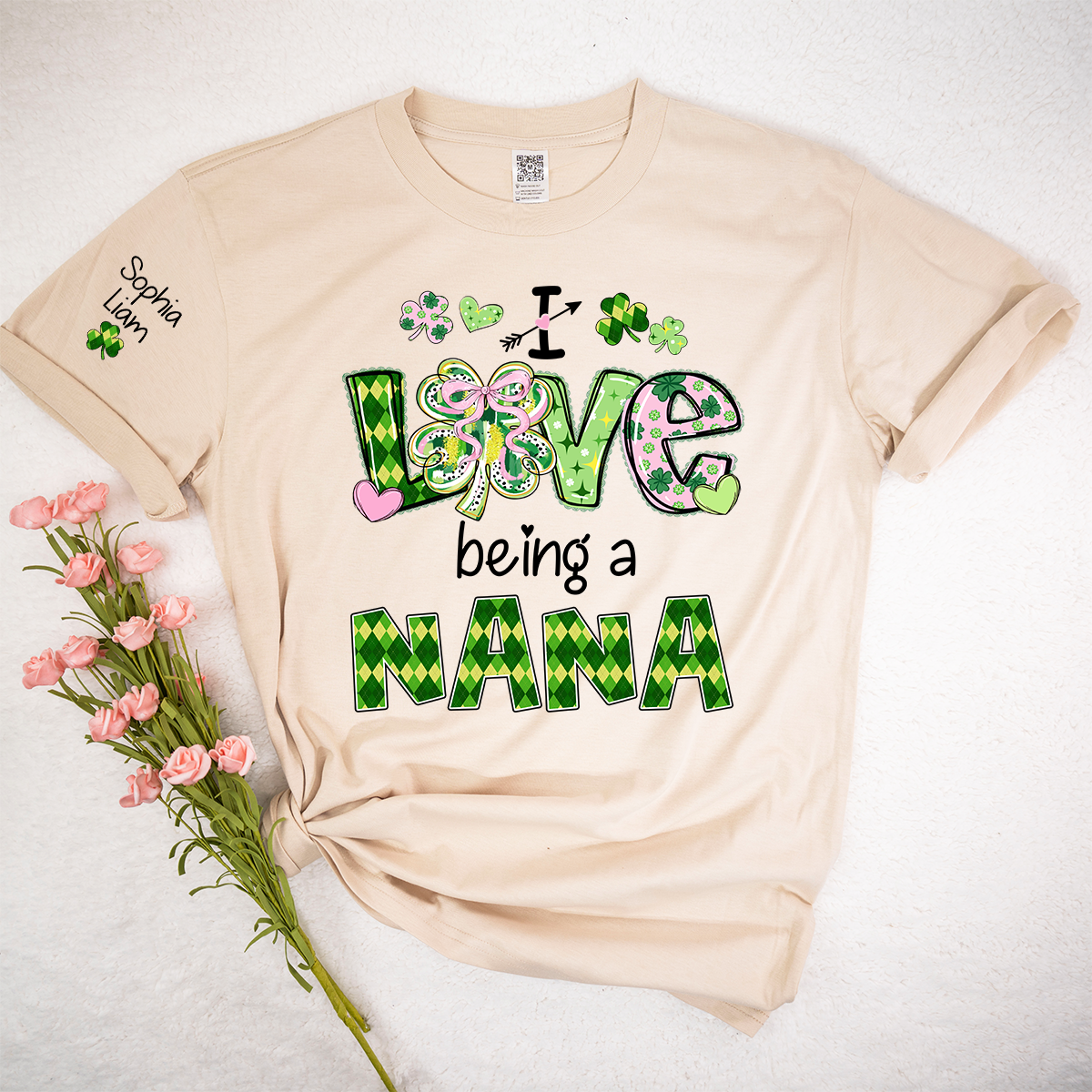 Personalized Patrick’s Day Nana Shirt, I Love Being a Nana Shamrock Design, Custom Grandma Shirt with Kids Names