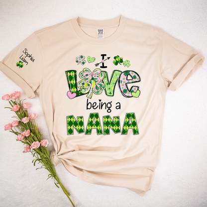 Personalized Patrick’s Day Nana Shirt, I Love Being a Nana Shamrock Design, Custom Grandma Shirt with Kids Names