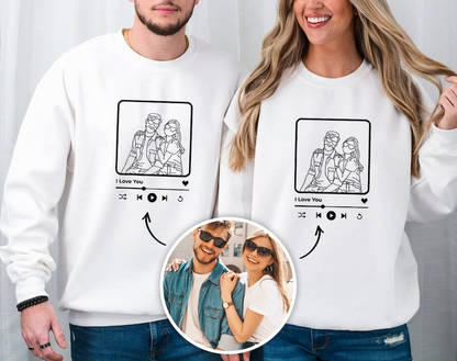 Custom Couple Portrait Sweatshirt, Portrait Outline from Photo Sweatshirt, Name on Sleeve Sweater, Personalized Couple Gift, Valentine Gifts Hoodie, Sweatshirt Hoodie