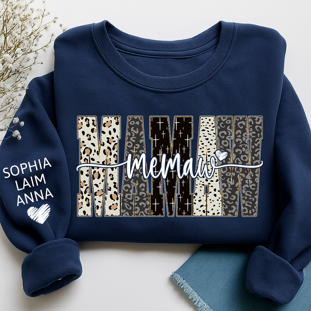 Personalized Memaw Leopard Sweatshirt – Custom Bible Style Design, Unique Gift for Grandma and Her Grandkids