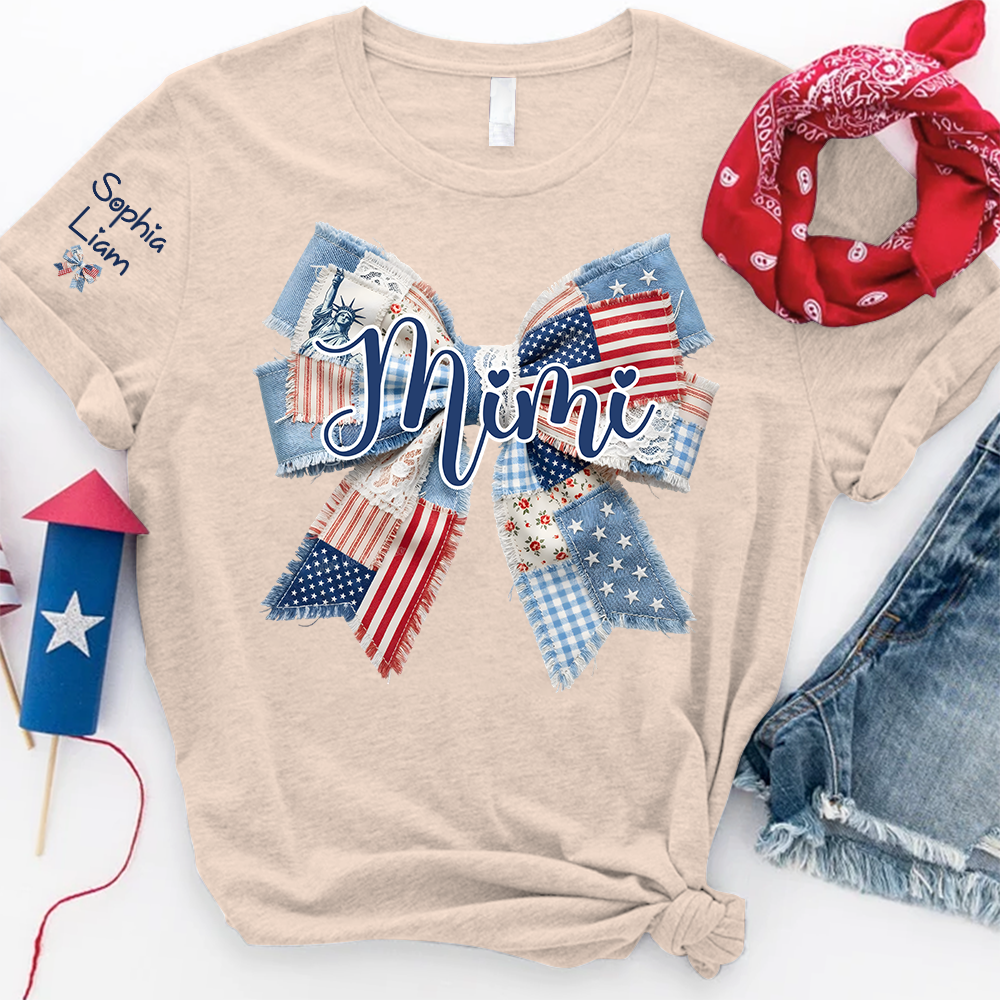 Patriotic Patchwork Bow Mimi T-Shirt, Personalized Grandma Tee with Kids Names for Birthday Mothers Day Christmas